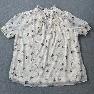 Autres Filles Butterflies Blouse Women's 1X Cream Gold Ruffle Neck Short Sleeve